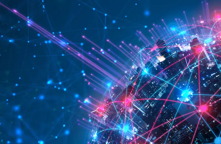 Светящиеся точки, соединенные линиями, символизирующие глобальную сеть данных.