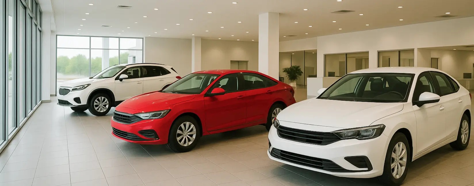 Интерьер автосалона с несколькими автомобилями, припаркованными в два ряда.