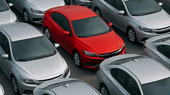 Красный автомобиль среди множества серебристых машин на парковке.