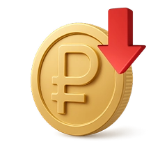 Золотая монета с символом рубля и красной стрелкой вниз.