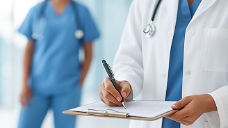 Врач в белом халате пишет в документ, на заднем плане — медсестра.