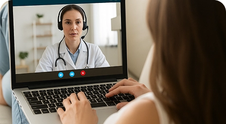 Женщина общается с врачом по видеозвонку на ноутбуке.