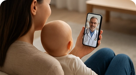 Женщина с ребёнком на руках общается с врачом по видеозвонку на смартфоне.