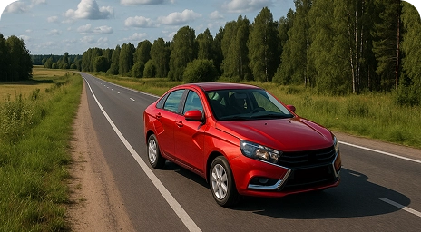 Красный автомобиль едет по асфальтированной дороге вдоль зелёного леса.