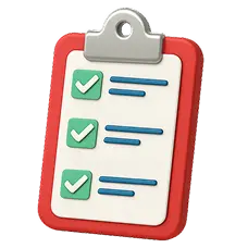 Красный планшет с белой бумагой, на которой пункты отмечены зелёными галочками.