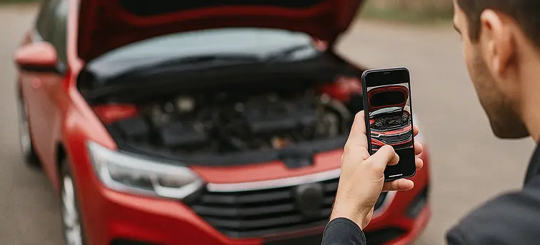 Мужчина фотографирует поломку автомобиля.