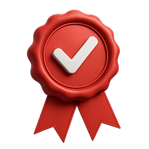 Красный круглый значок с белой галочкой и лентой.