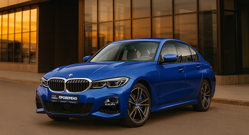 Автомобиль BMW синего цвета с номерным знаком ПРОВЕРЕНО.